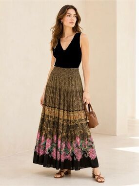 Vintage 90s Pleated Rayon Maxi Skirt Voluminous Black Ochre Pink Made USA Sz 10